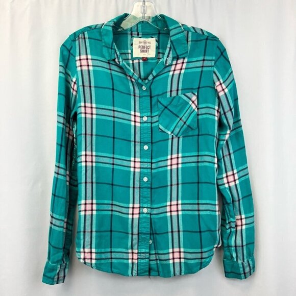 Perfect Shirt Womens Button Front Multicolor Plaid Long Sleeve Pockets Rayon XS - Picture 1 of 10